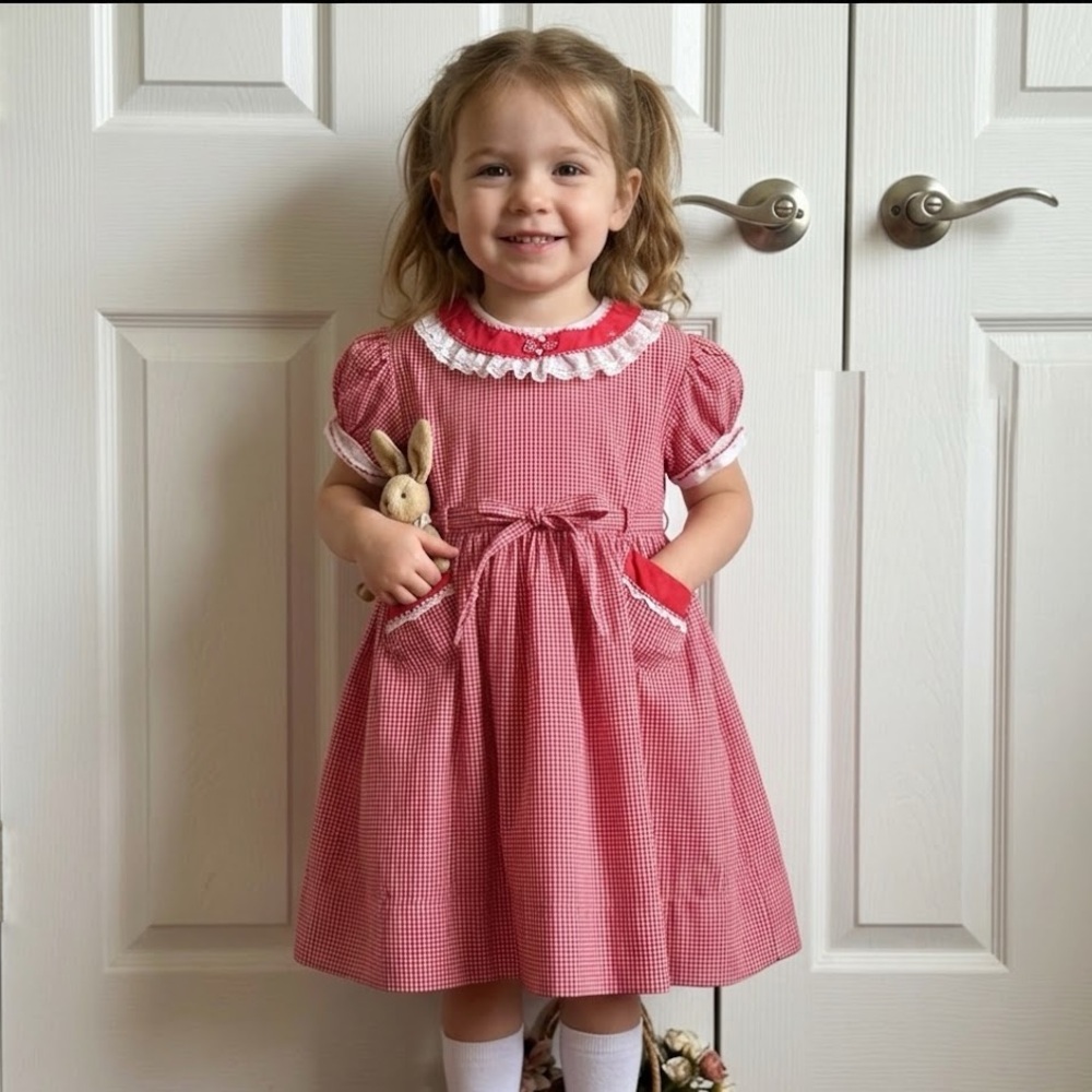 Vintage 1950s Mastro Red Gingham Girls Dress with Lace & Organza Trim 3T on